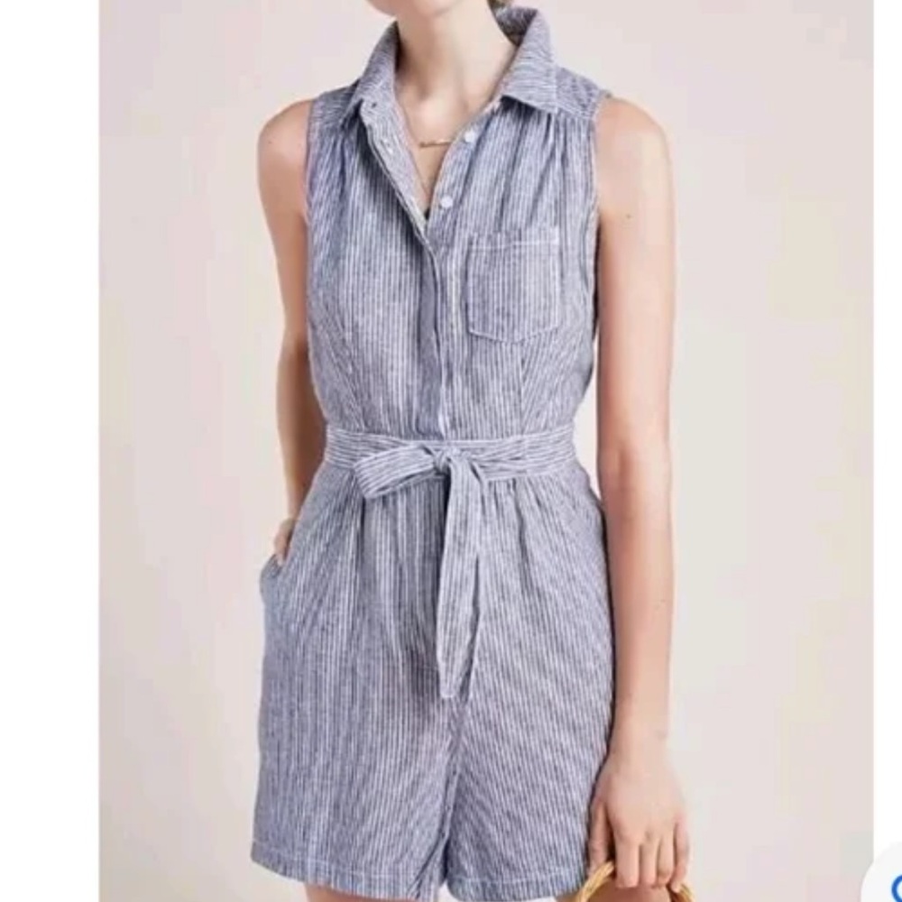 Anthropologie Striped Linen Blend Collard Belted Romper Size 2